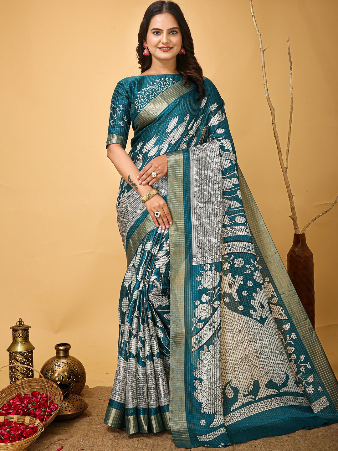 

V3 FASHION STUDIO Ethnic Motifs Zari Art Silk Banarasi Saree, Blue