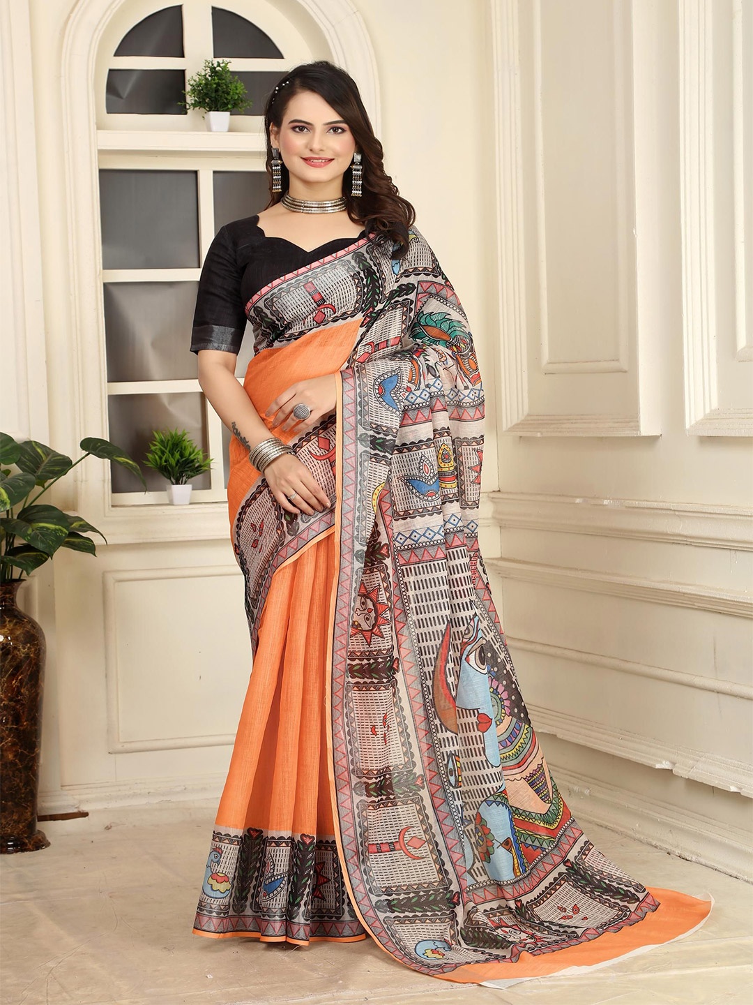 

KALINI Linen Blend Designer Khadi Saree, Orange