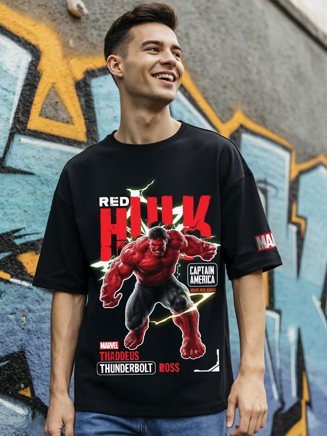

Bewakoof Men Marvel Hulk Graphic Printed Oversized T-shirt, Black