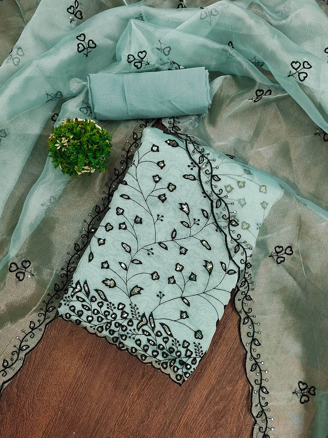 

SAINOOR Embroidered Organza Unstitched Dress Material, Sea green
