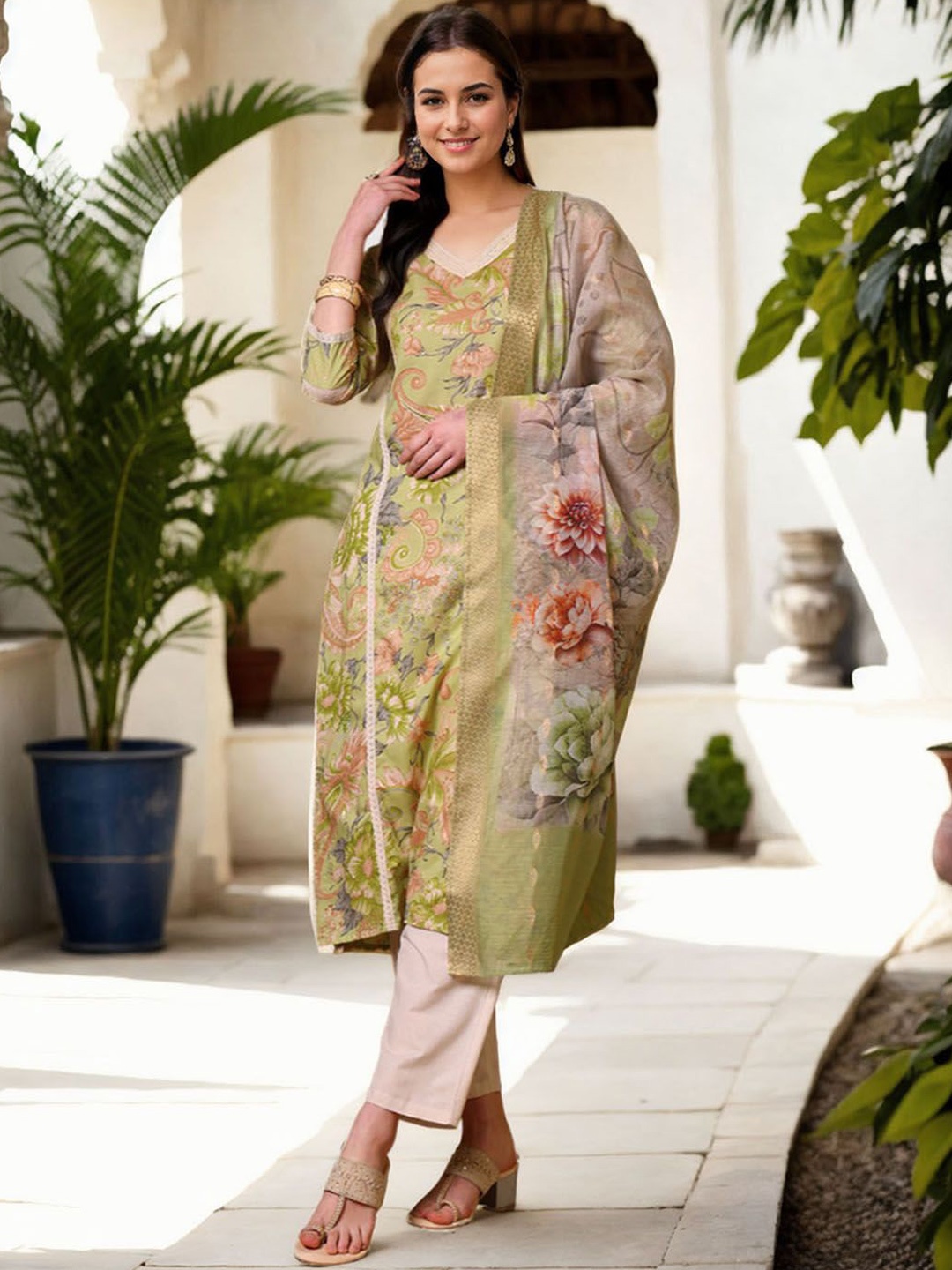 

Anouk Floral Printed V-Neck Pure Cotton Straight Kurta With Trousers & Dupatta, Green