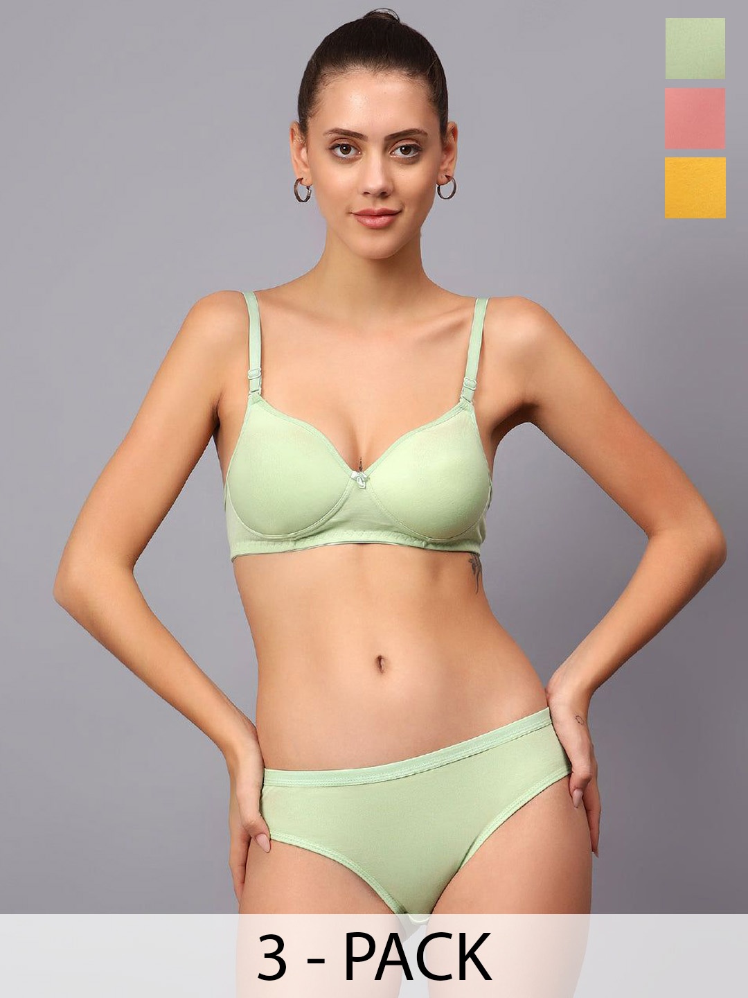 

Designer Bugs Pack Of 3 Cotton Non Padded Non Wired Lingerie Set NPLS-Y-RG-LG-30B, Yellow