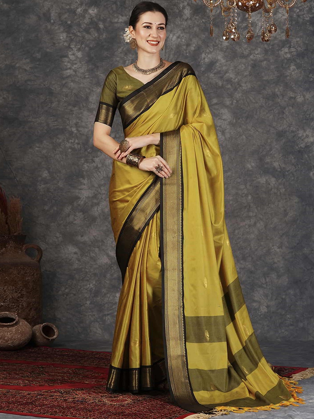 

SILKWEAR Ethnic Motifs Zari Silk Cotton Banarasi Saree, Mustard