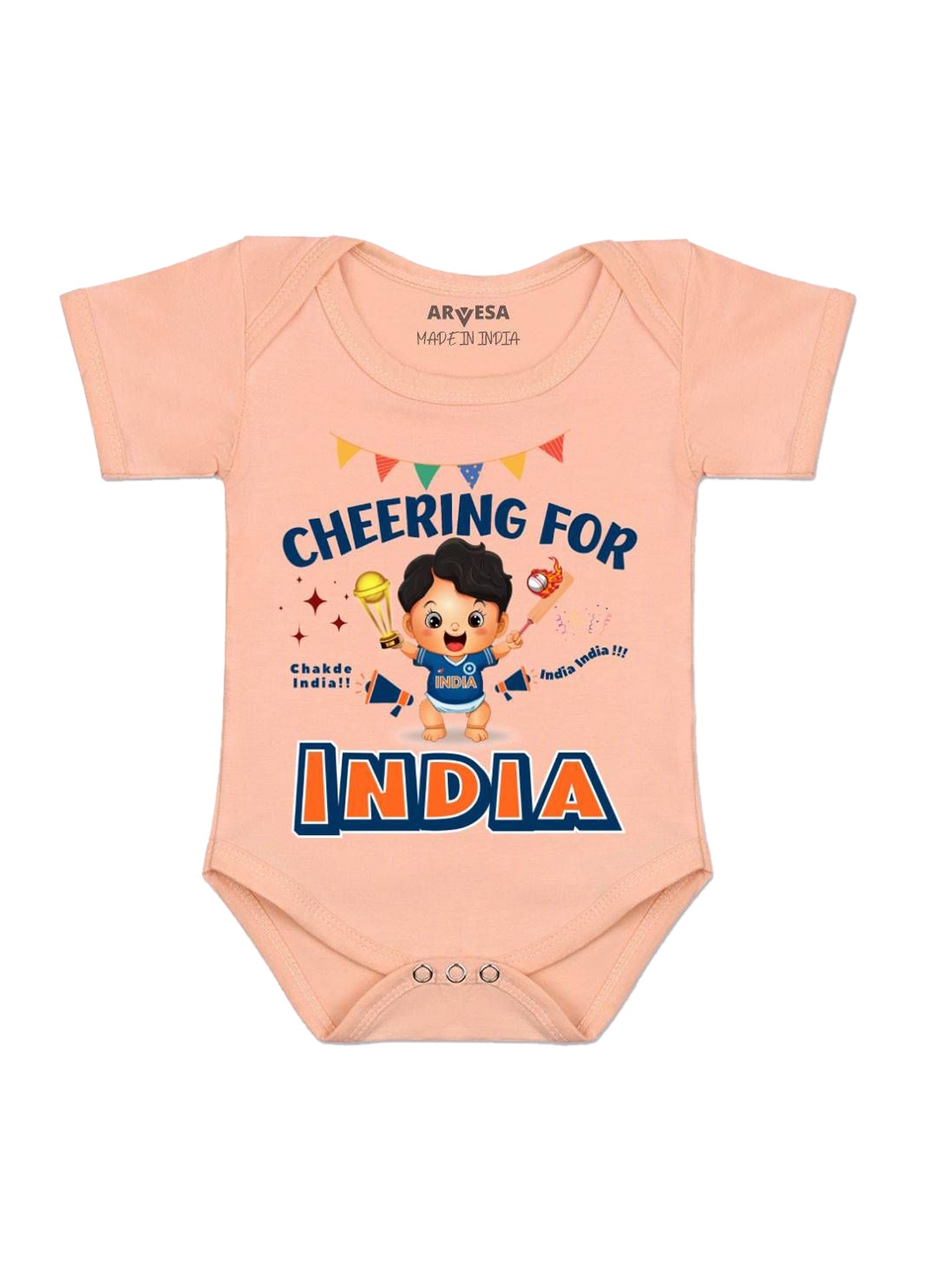 

Arvesa Kids Cheering For India Printed Romper, Peach