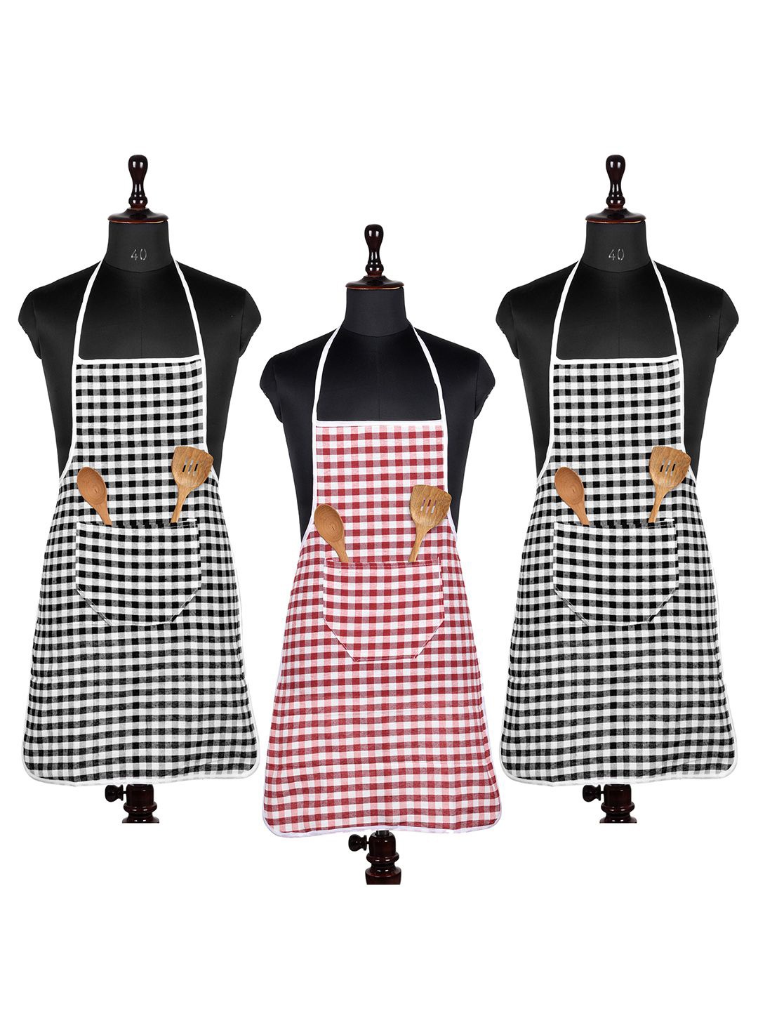 

Kuber Industries Red & Black 3 Pieces Checked Cotton Aprons