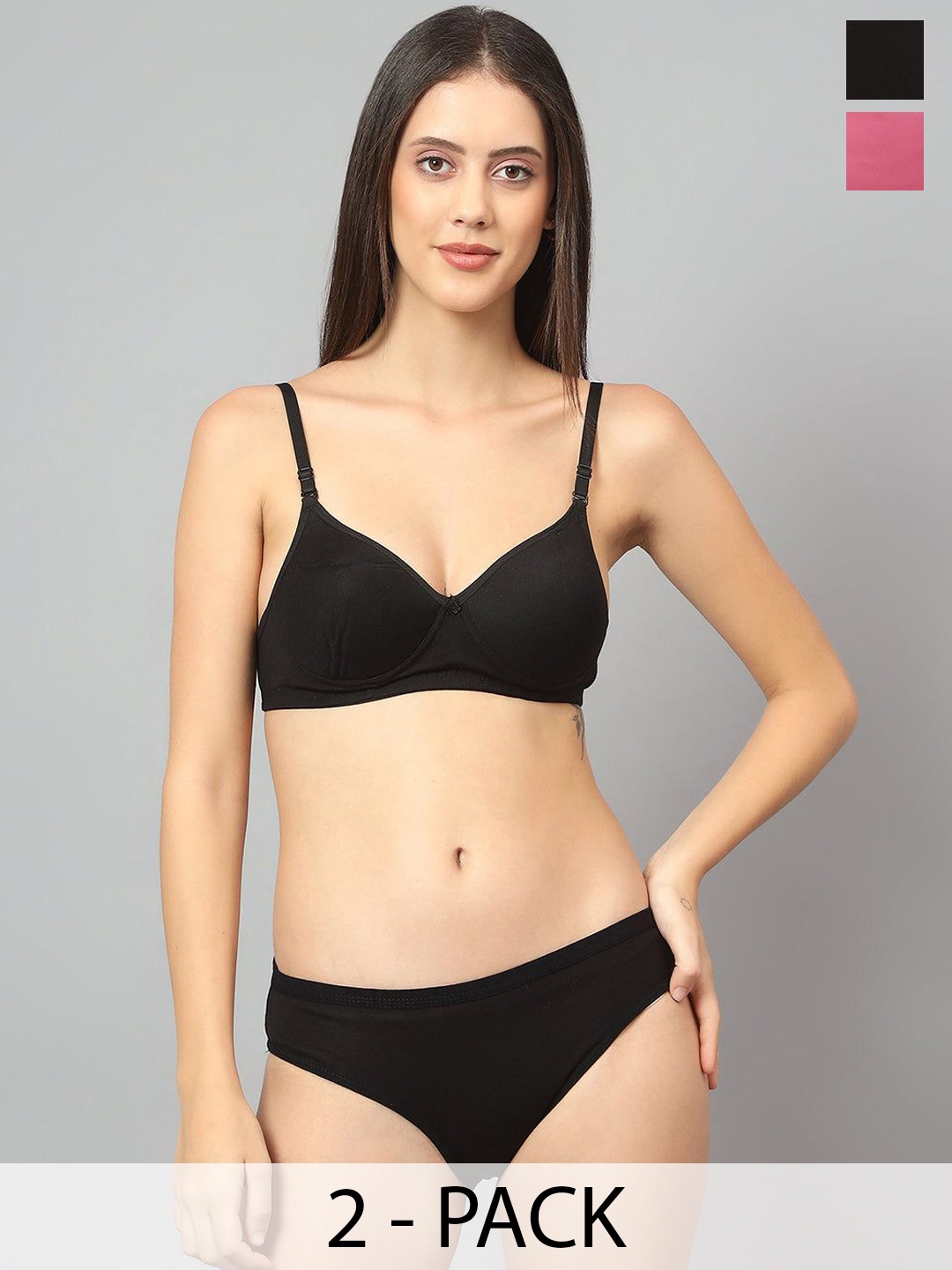 

Designer Bugs Pack Of 2 Cotton Non Padded Non Wired Lingerie Set NPLS-B-BP-30B, Black