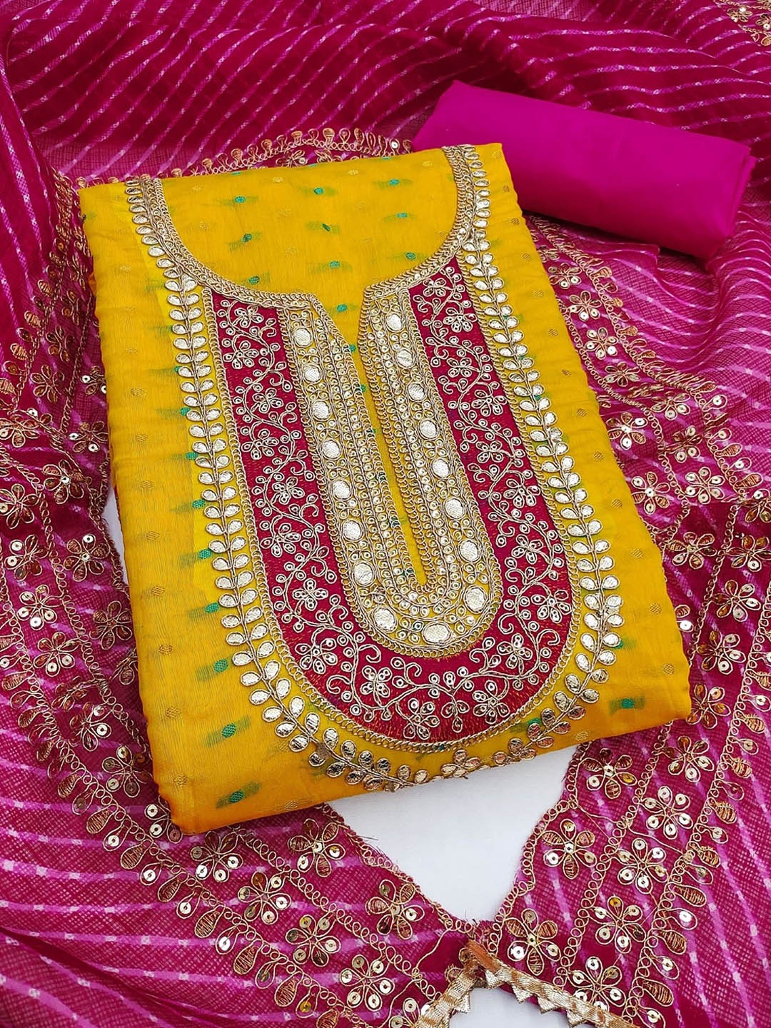 

Rangtulika Ethnic Motifs Embroidered Sequinned Unstitched Dress Material, Yellow