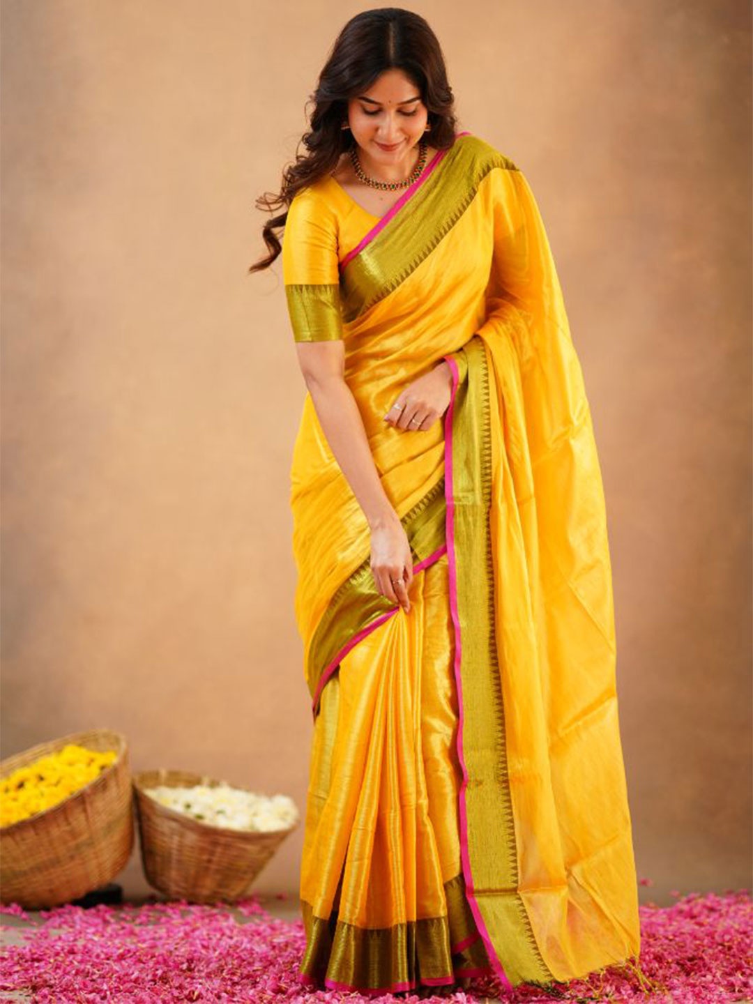 

Sutisancha Yellow Handloom Temple Tissue Saree