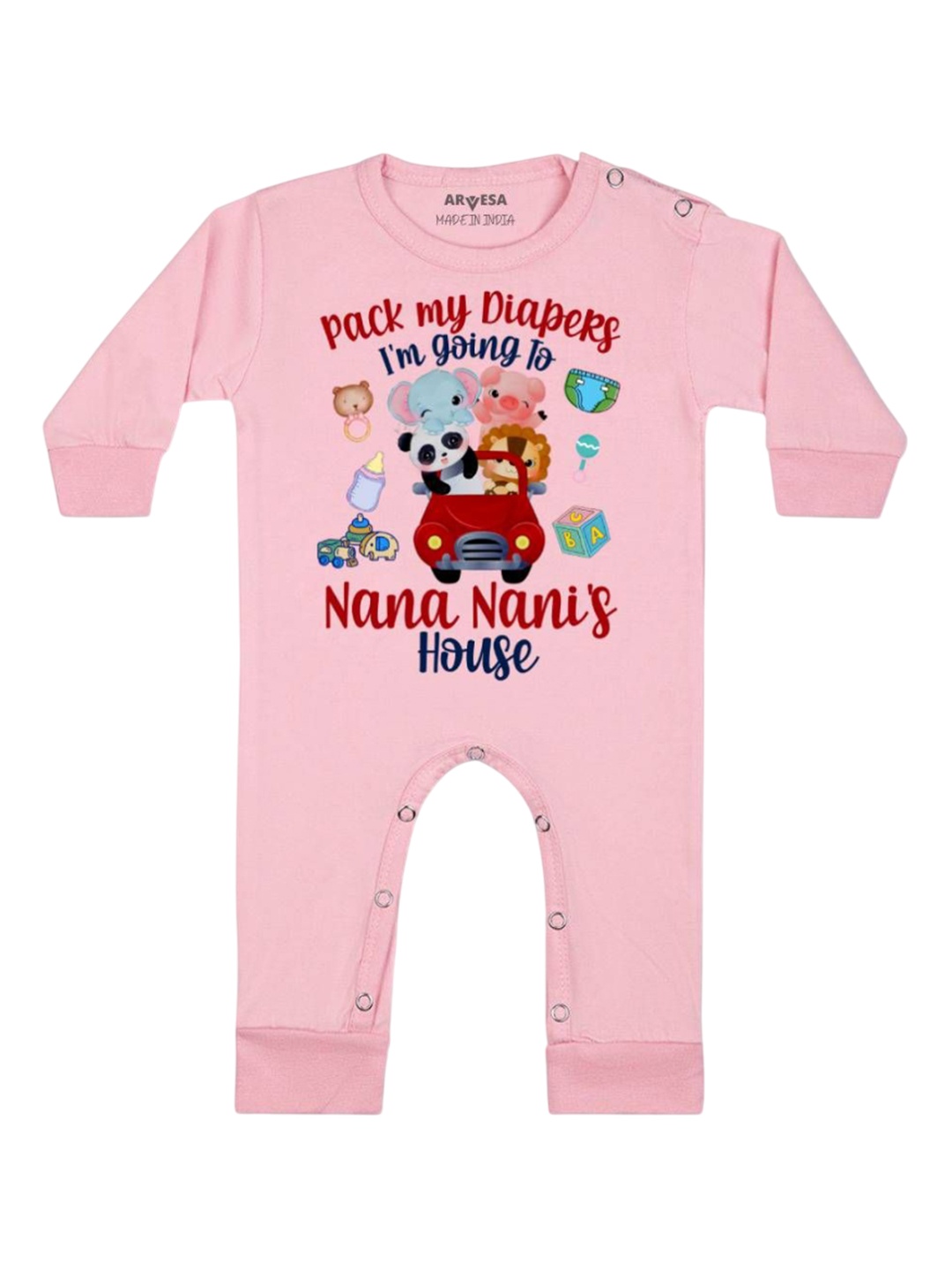 

Arvesa Kids I Am Going To Nana Nani House Printed Baby Romper, Pink