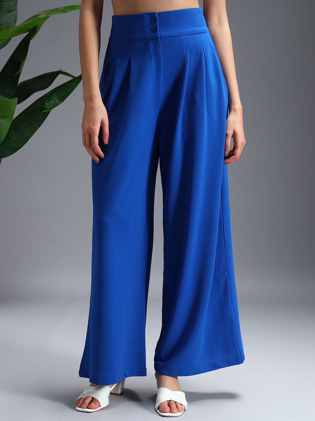 

Zastraa Women Relaxed Flared High-Rise Pleated Korean Pants, Blue