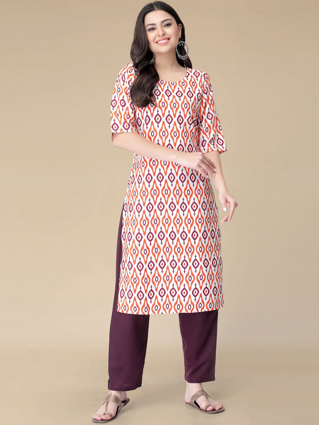 

Moda Rapido Geometric Printed Round Neck Straight Kurta With Trouser, Orange