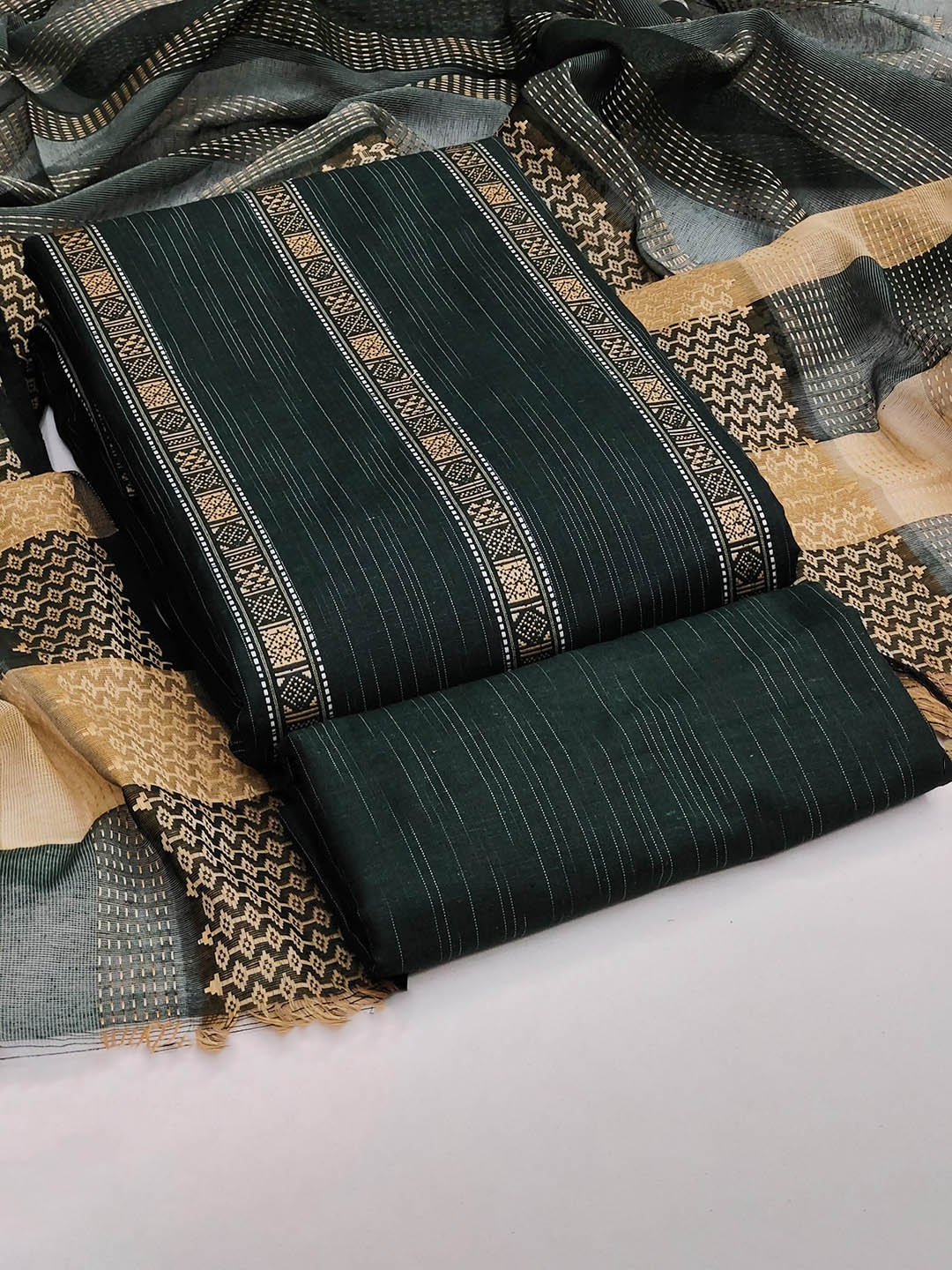 

SAINOOR Striped Woven Design Unstitched Dress Material, Green