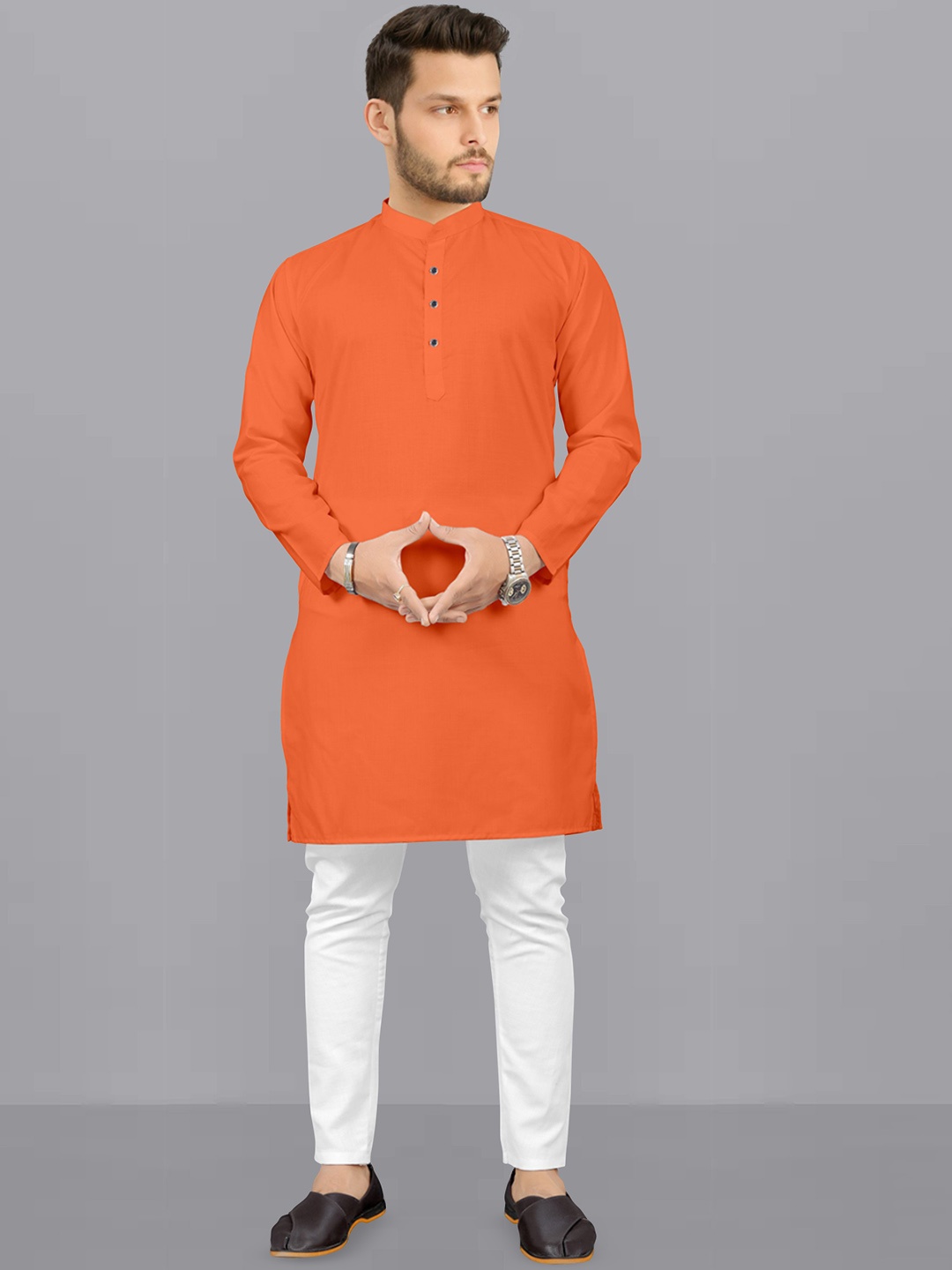 

Fashion FRICKS Band Collar Straight Kurta With Pyjamas, Orange