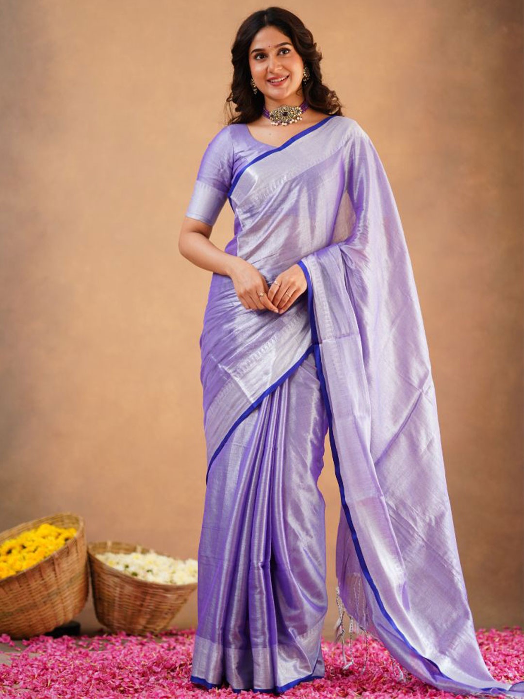 

Sutisancha Lavender Handloom Temple Tissue Saree