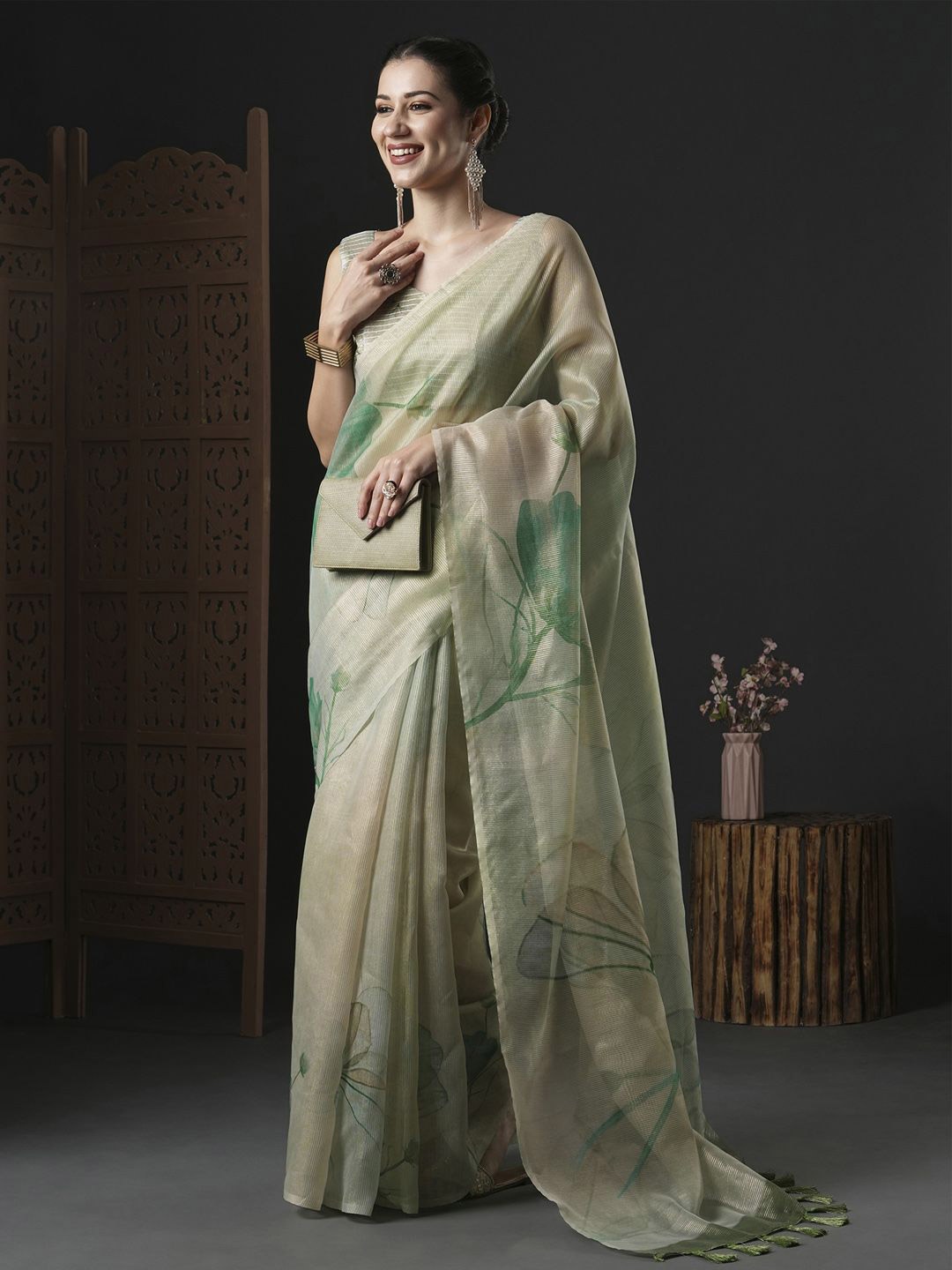 

Mitera Floral Zari Organza Saree, Green