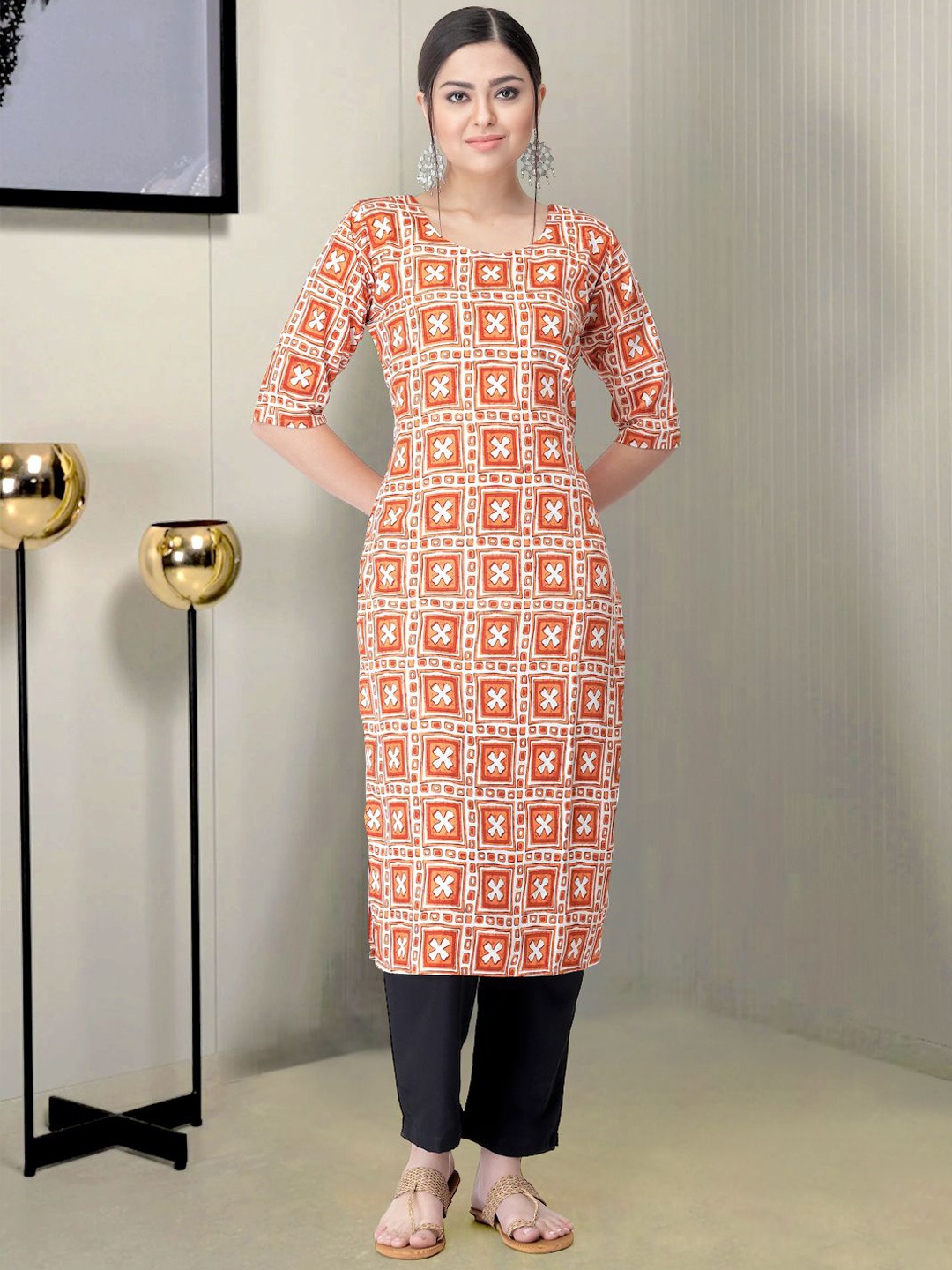 

Moda Rapido Geometric Printed Round Neck Straight Kurta With Trouser, Orange