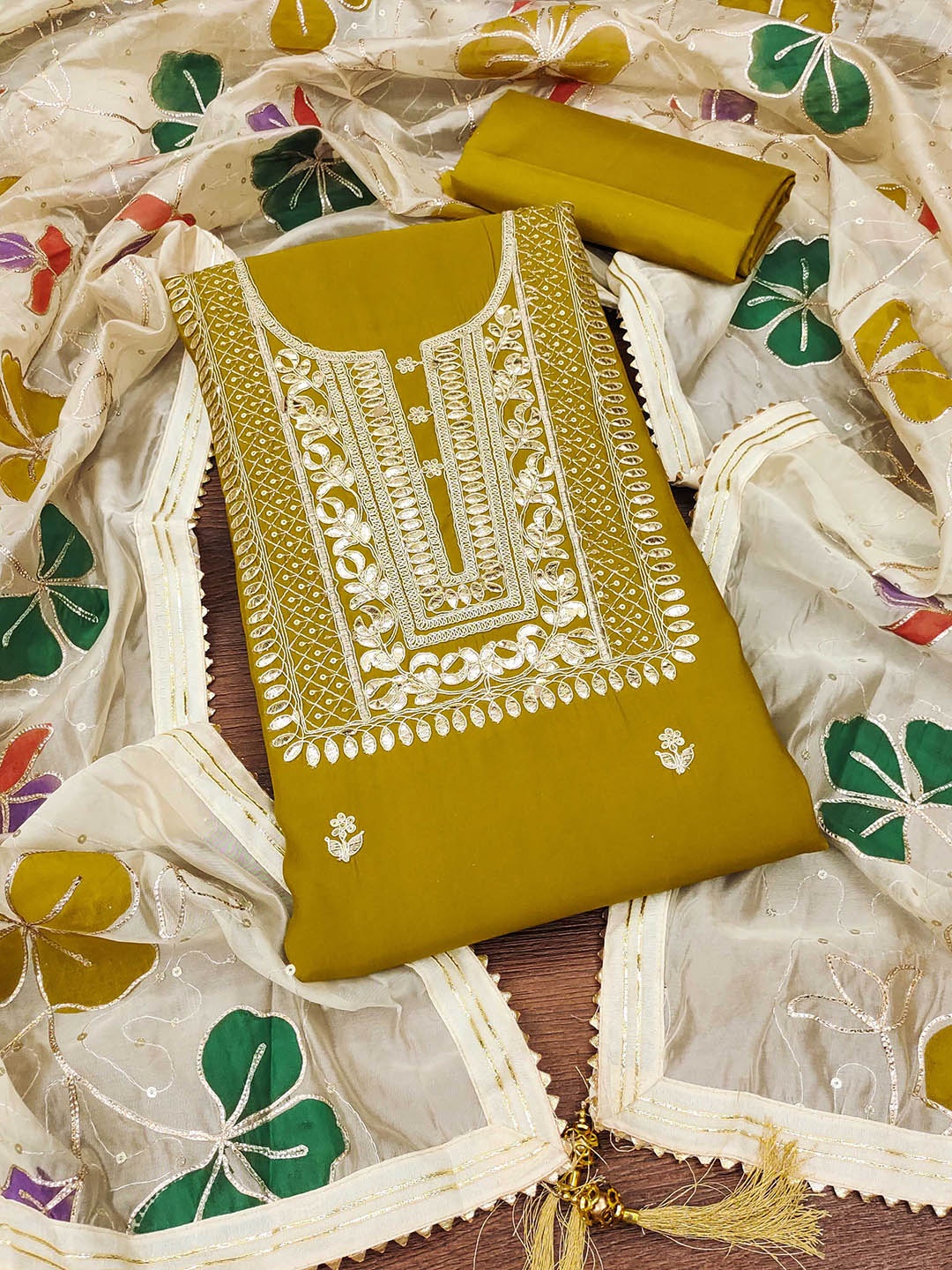 

SAINOOR Embroidered Pure Silk Semi-Stitched Dress Material, Lime green