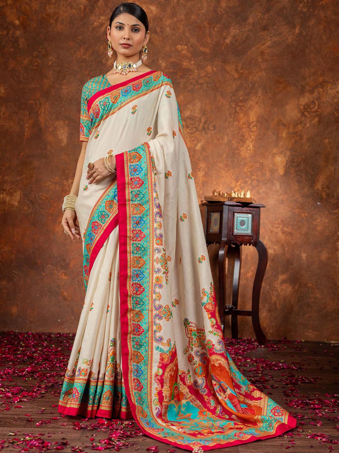 

Anouk Ethnic Motifs Silk Blend Saree, Cream