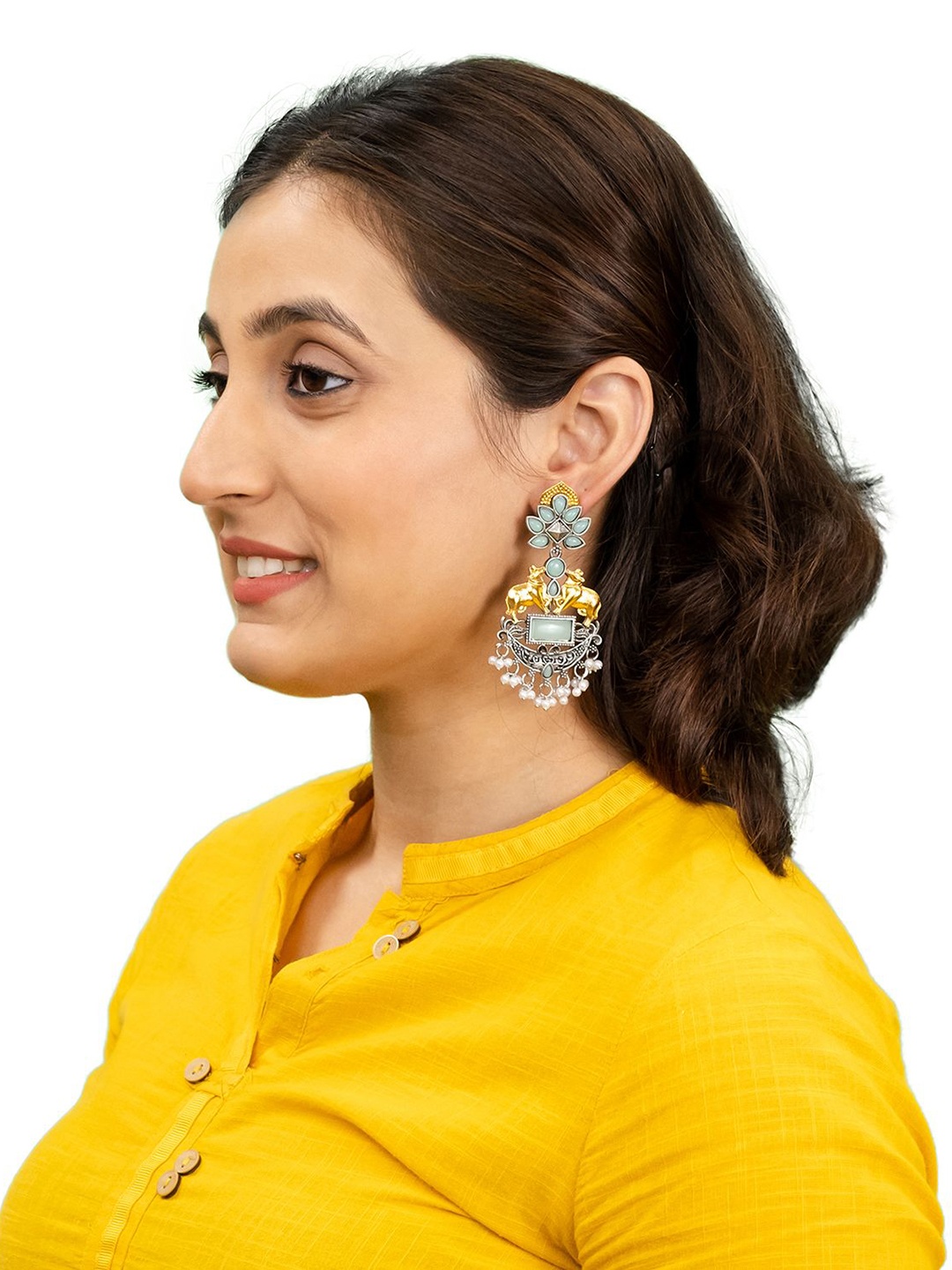 

Shining Jewel -By Shivansh Silver-Plated CZ Studded & Pearls Beaded Nandi Drop Earrings, Lime green