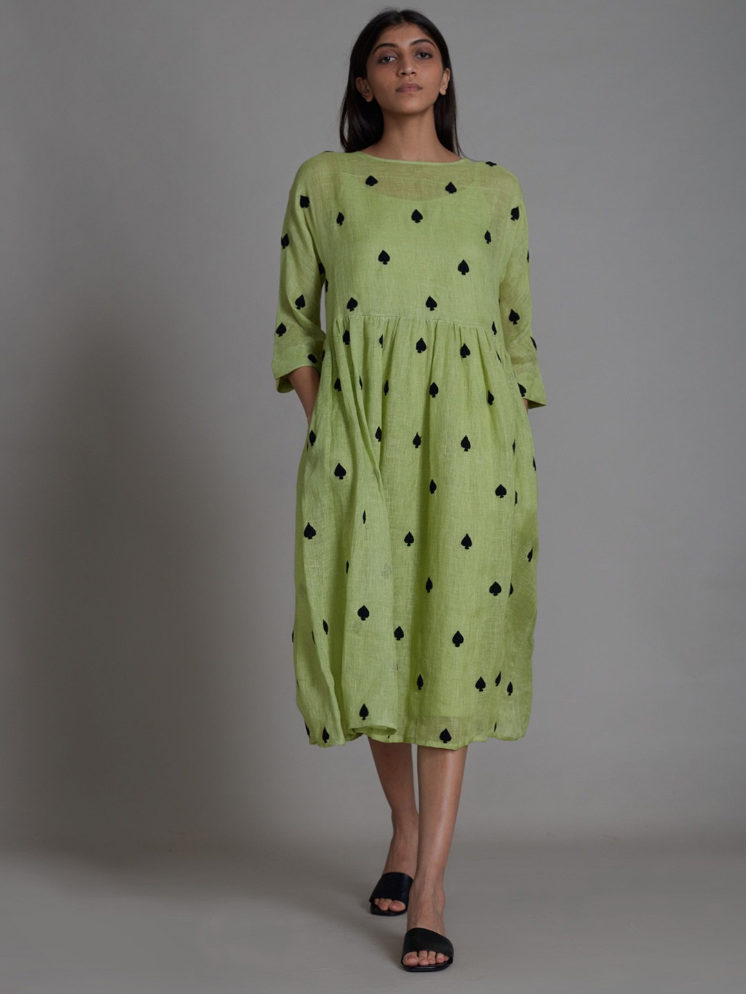 

MATI Polka Dot Print Bell Sleeve Linen Empire Dress, Green