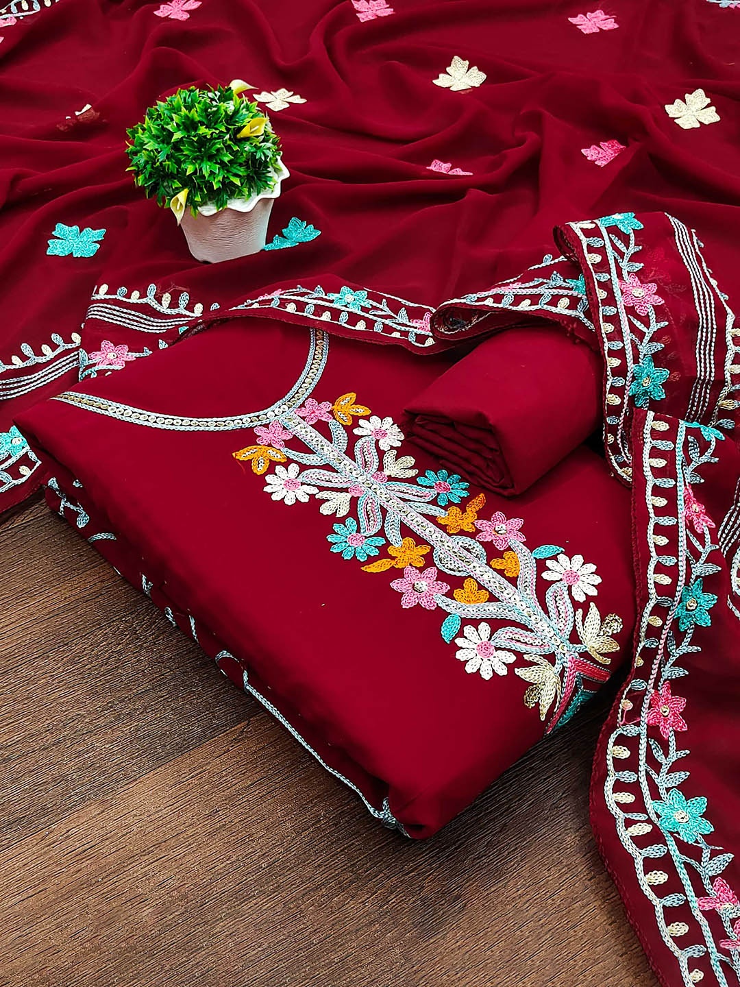 

SAINOOR Embroidered Silk Georgette Unstitched Dress Material, Red
