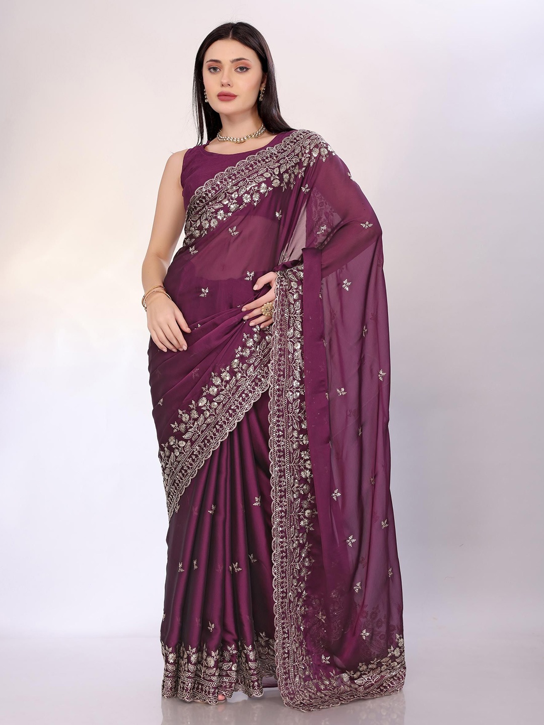 

HERE&NOW Embellished Embroidered Heavy Work Saree, Purple