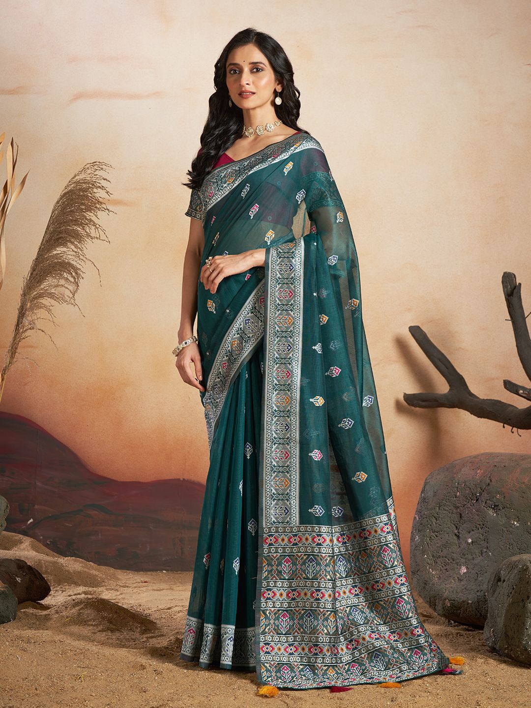 

SARHAFloral Chanderi Saree, Sea green
