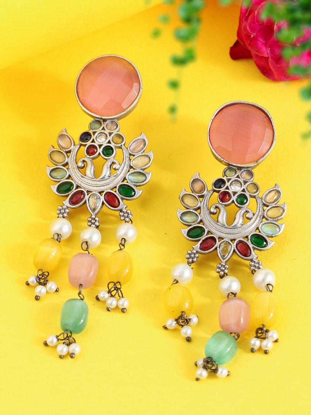 

SANAA CREATIONS Silver-Plated Artificial Stone Studded & Beaded Oxidised Drop Earrings