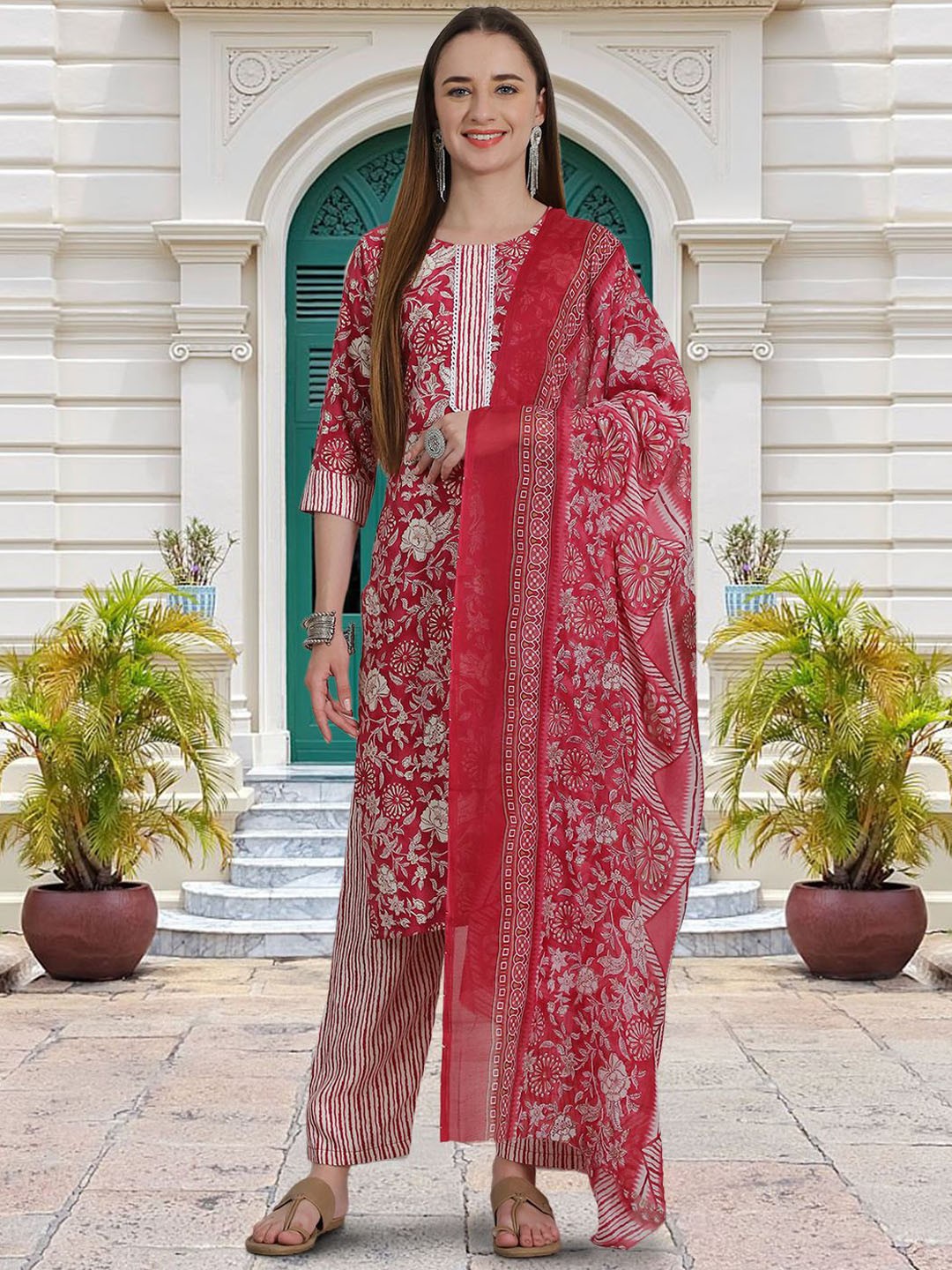 

Moda Rapido Floral Printed Straight Kurta With Trousers & Dupatta, Red