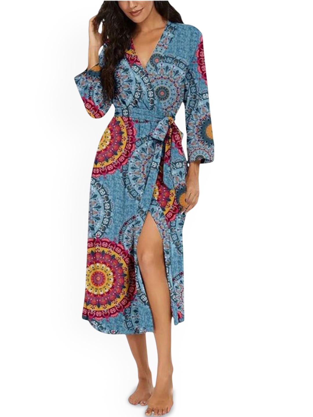 

Dreambe Printed V-Neck Bath Robe, Blue