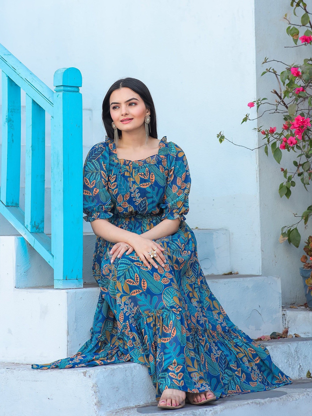 

Krunal Raiyani Floral Print Puff Sleeve Fit & Flare Midi Dress, Blue