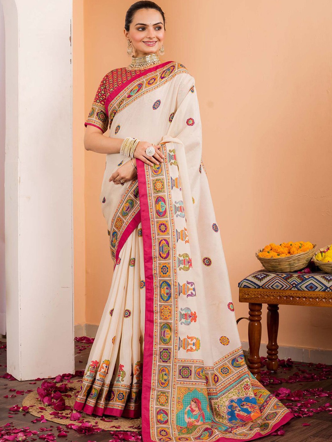 

Anouk Ethnic Motifs Silk Blend Saree, Cream