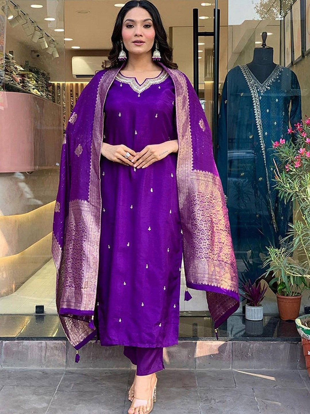 

ZEEPKART Ethnic Motifs Embroidered Notch Neck Straight Kurta With Trousers & Dupatta, Purple
