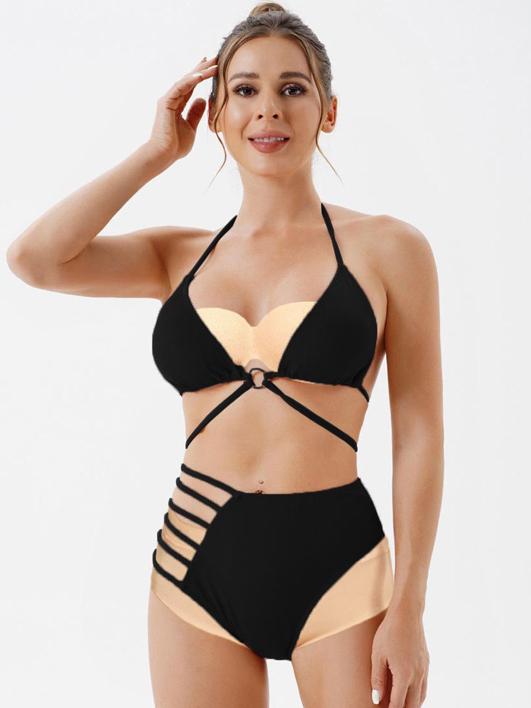 

KRENOZ Halter Neck Swim Bikini Set, Black
