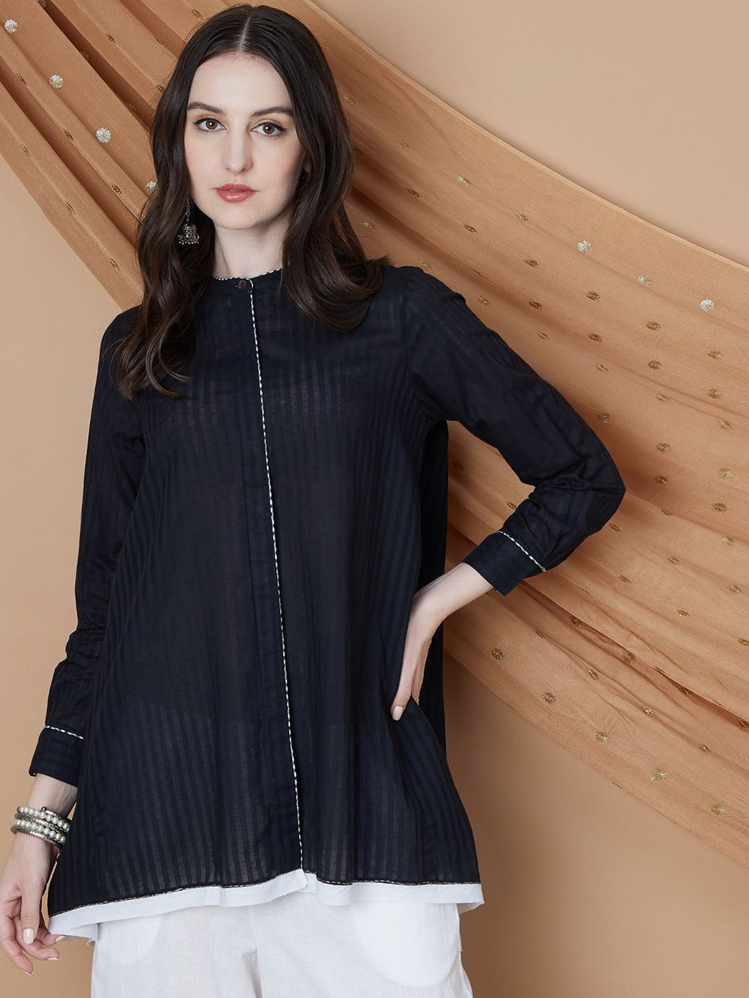 

Melange by Lifestyle Women Cotton Mandarin Collar Printed Tunic, Black