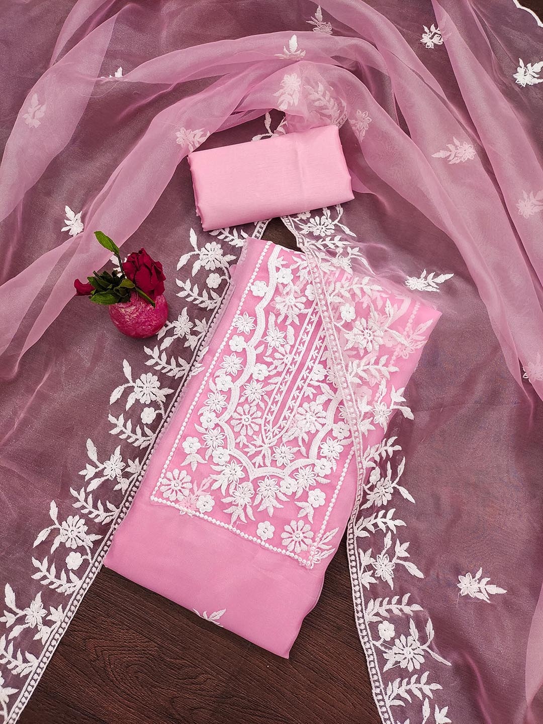 

SAINOOR Floral Embroidered Organza Semi-Stitched Dress Material, Pink