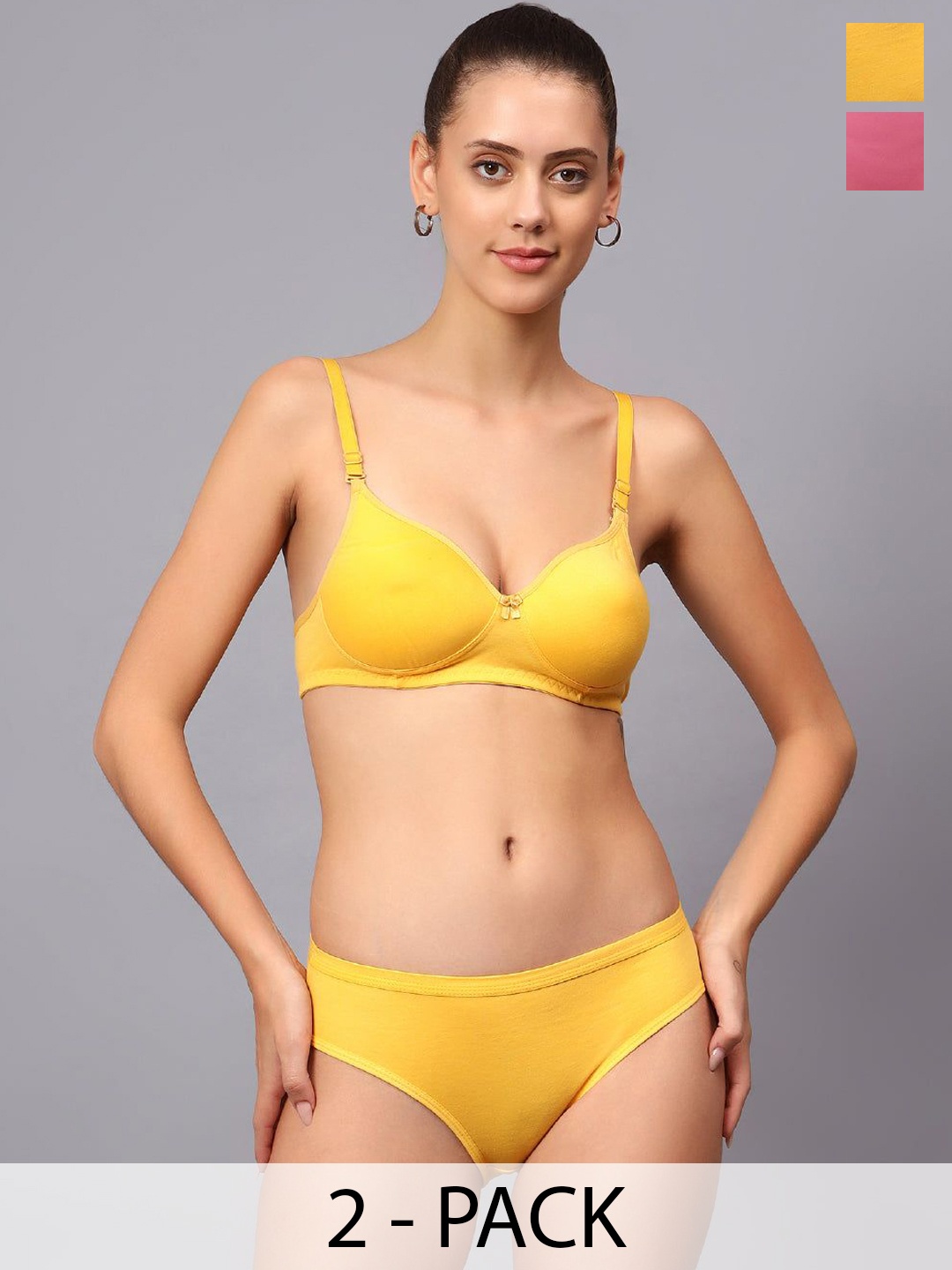 

Designer Bugs Pack Of 2 Cotton Non Padded Non Wired Lingerie Set NPLS-Y-BP-30B, Yellow