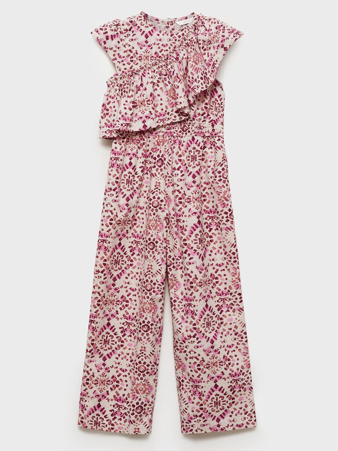 

Mango Kids Girls Printed Basic Jumpsuit with Ruffles, Beige