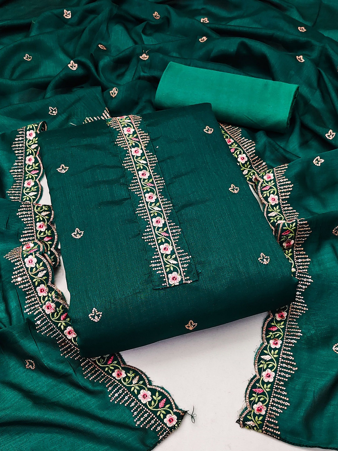 

SAINOOR Floral Embroidered Sequinned Silk Unstitched Dress Material, Green