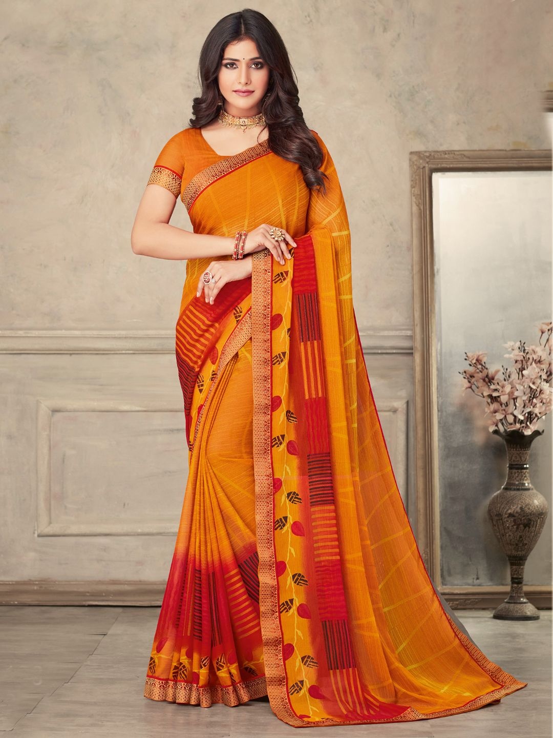 

Mitera Poly Chiffon Bagru Saree, Mustard