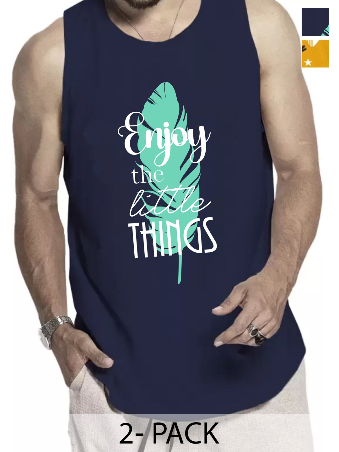 

WOOSTRO Pack Of 2 Cotton Printed Gym Vests, Navy blue