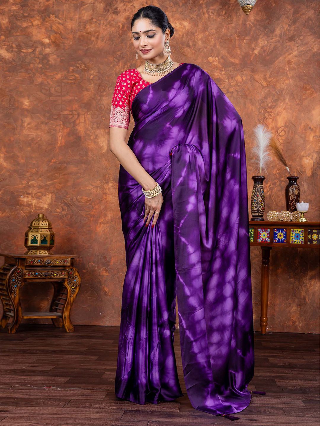 

Mitera Tie and Dye Satin Block Print Saree, Purple