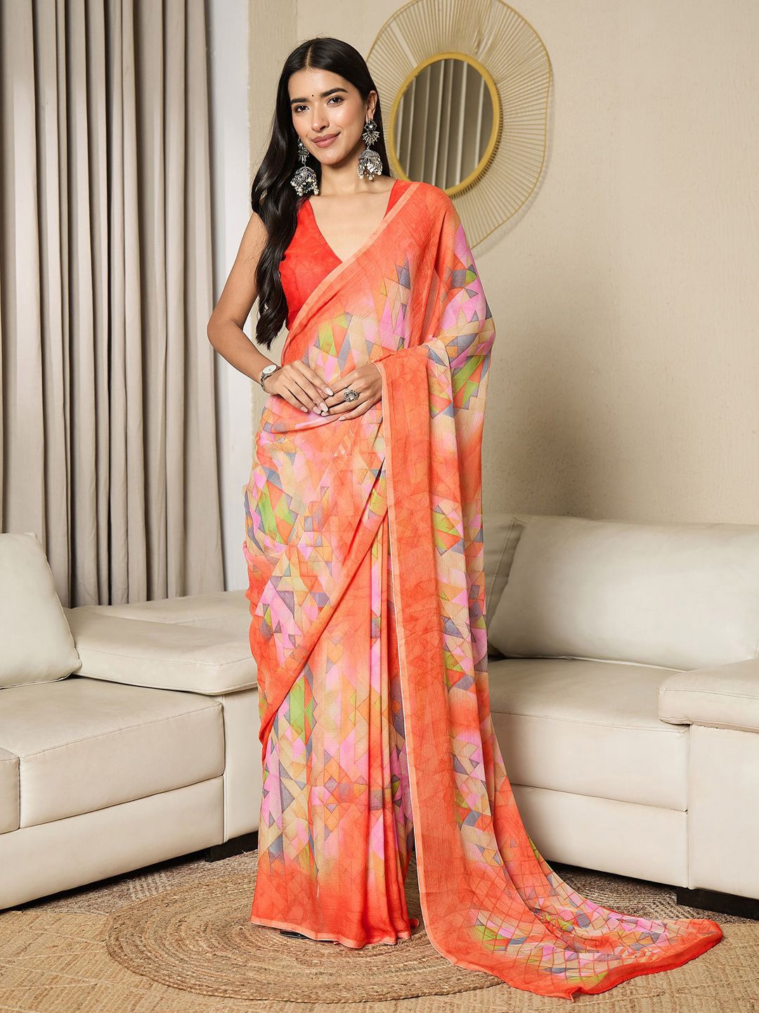 

Mitera Poly Chiffon Ready to Wear Dabu Saree, Orange