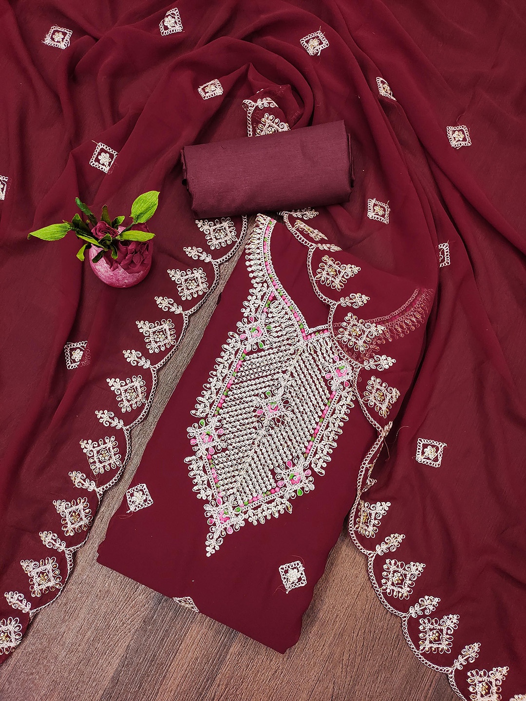 

SAINOOR Floral Embroidered Silk Georgette Unstitched Dress Material, Maroon