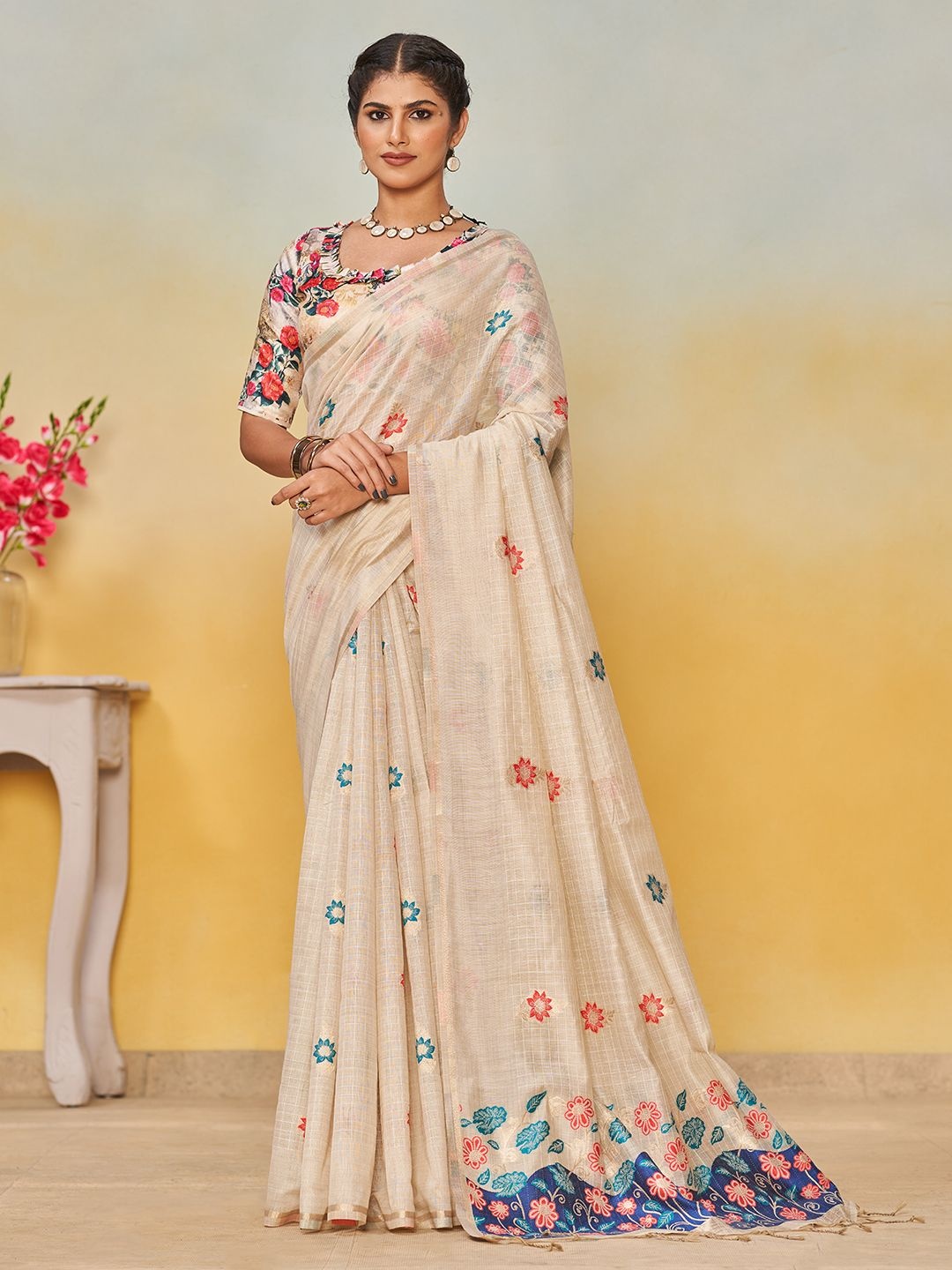 

SARHAFloral Chanderi Saree, Cream