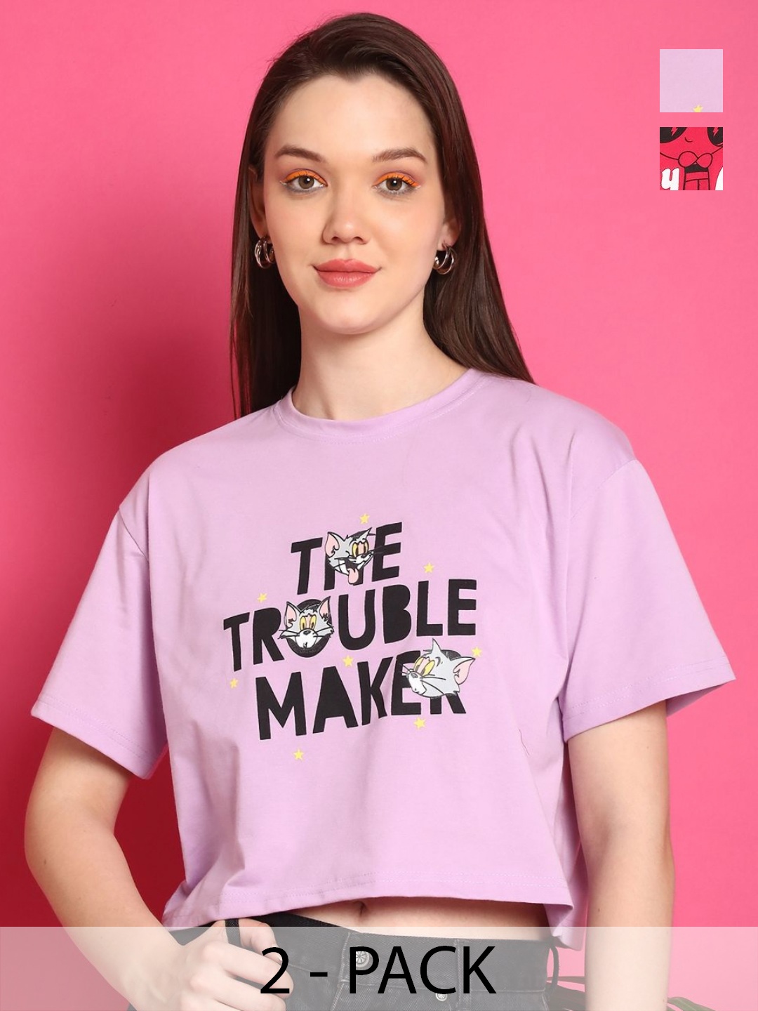 

Dreambe Women Pack of 2 Graphic Printed Round Neck Cotton Boxy T-shirts, Lavender