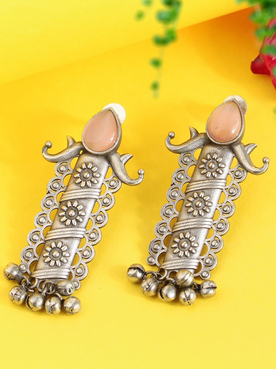 

SANAA CREATIONS Silver-Plated Artificial Stone Studded Oxidised Drop Earrings