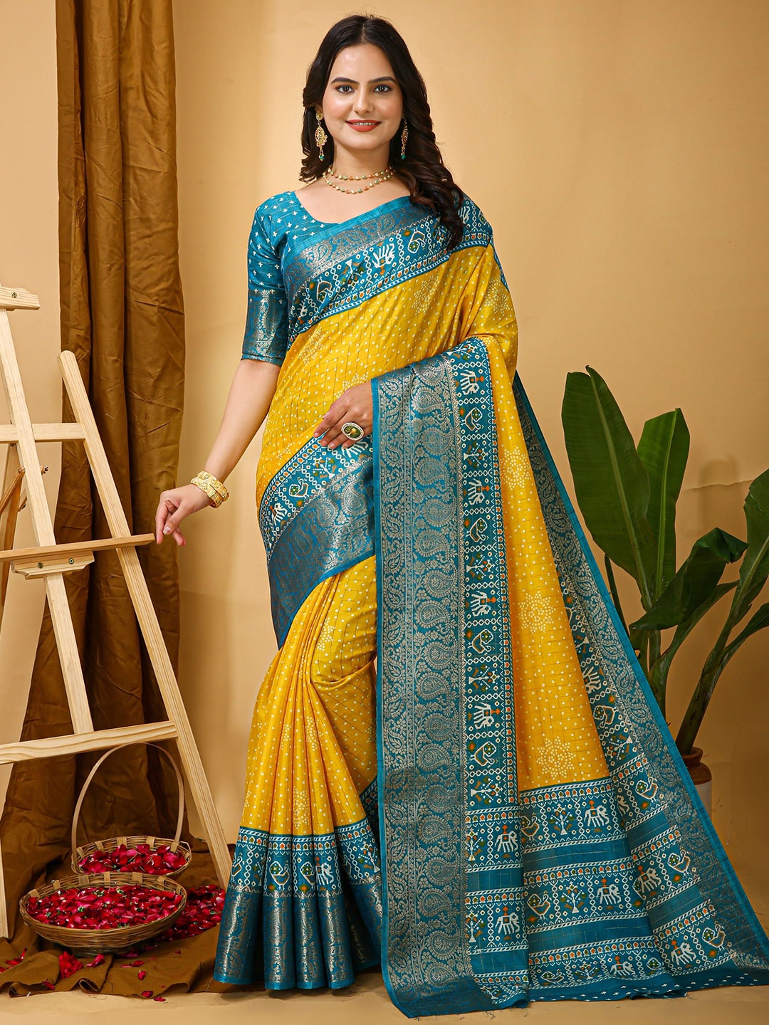 

V3 FASHION STUDIO Ethnic Motifs Zari Art Silk Saree, Yellow