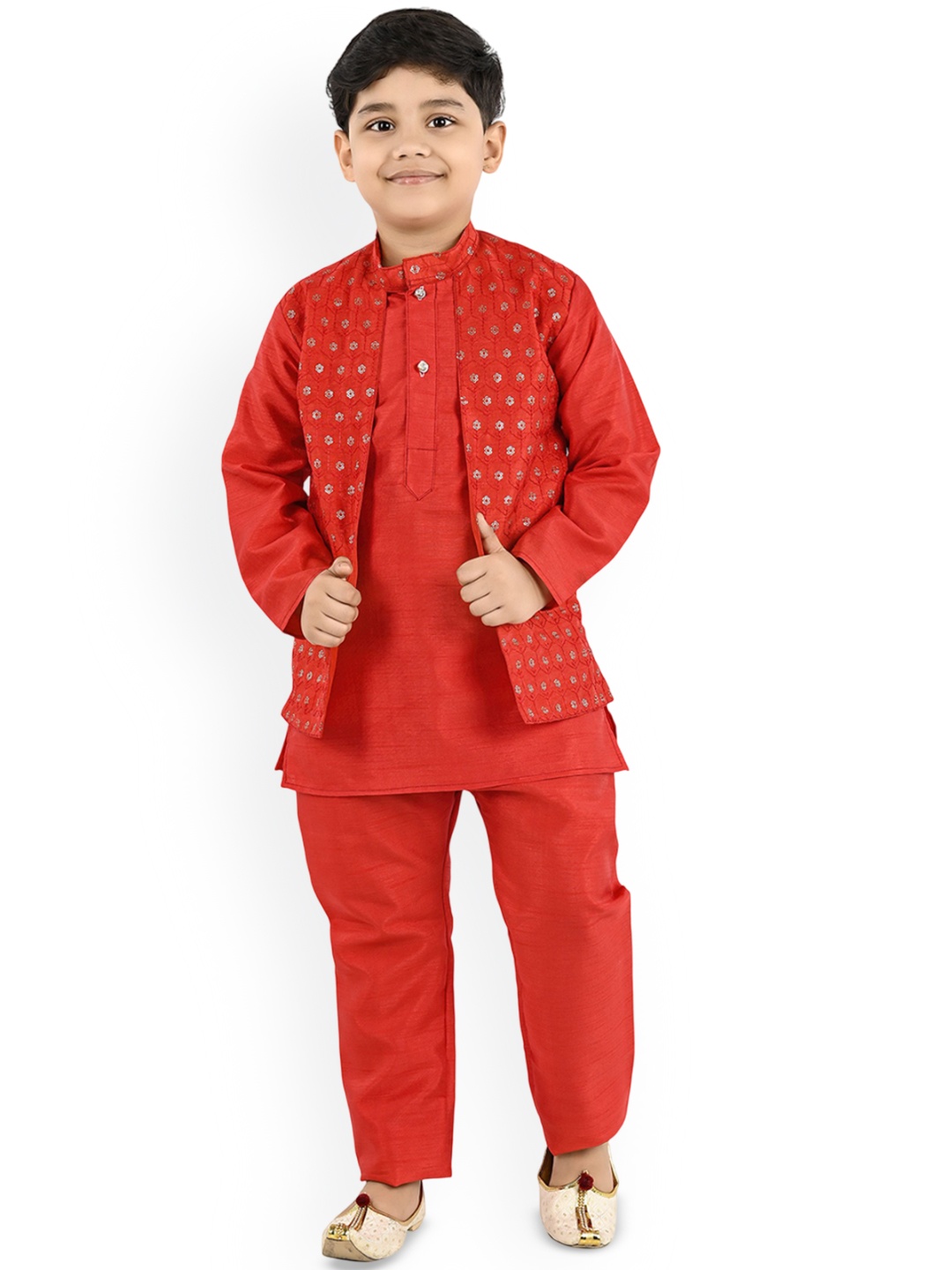 

BAESD Boys Mandarin Collar Art Silk Kurta With Trouser, Red