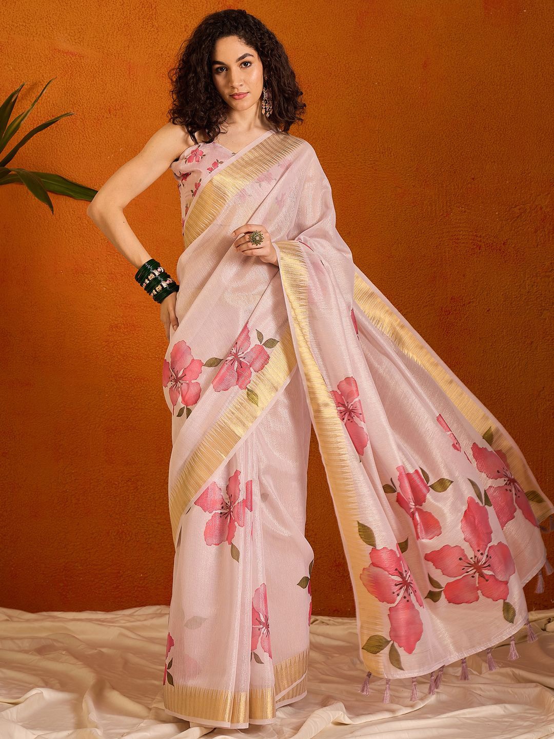 

Mitera Floral Zari Organza Sungudi Saree, Mauve